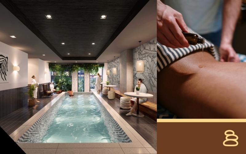 collage of an indoor pool and a person getting a massage