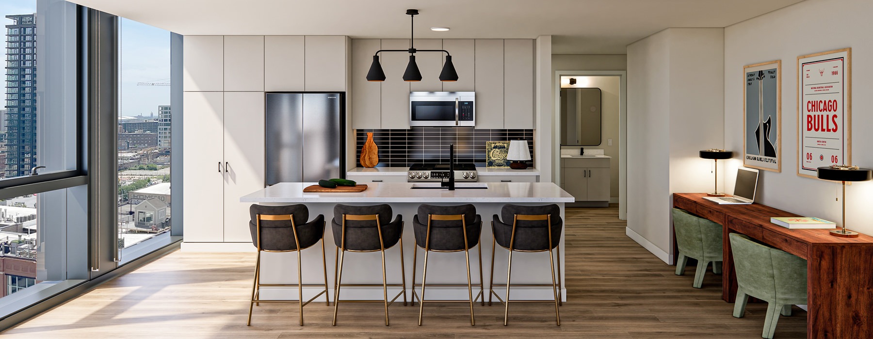 natural light fills open kitchen with island